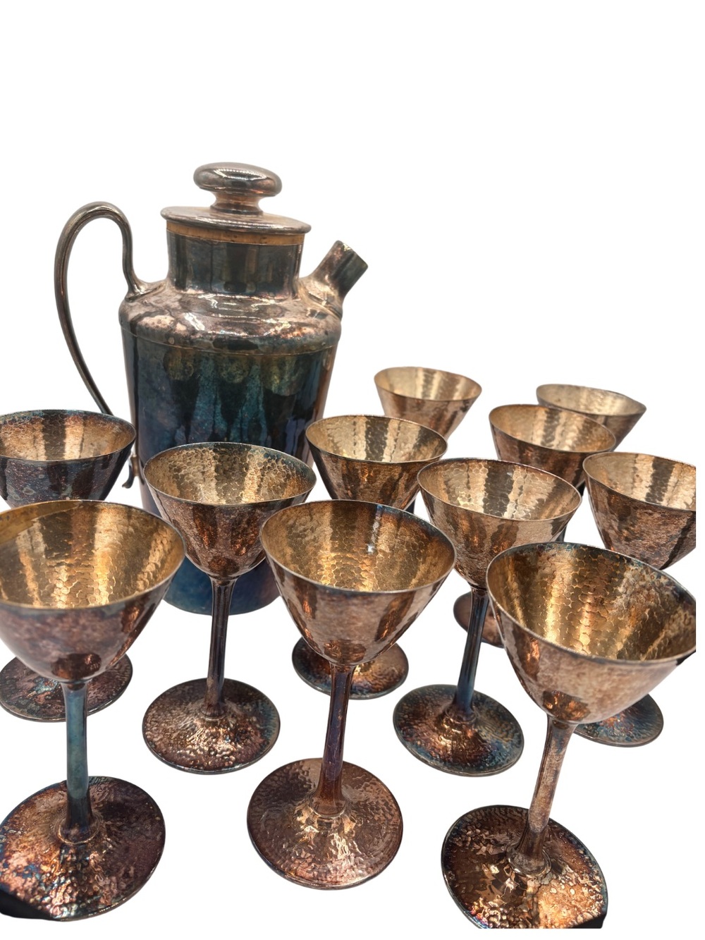 1927 Meriden International Silver Art Deco Hammered Cocktail Martini Set